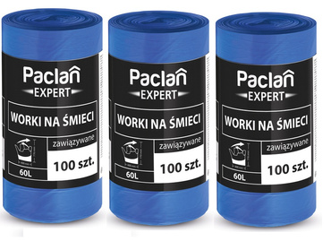 Worki na śmieci 60l 300 szt Paclan Expert zawiązywane mocne nie pękające 3 rolki zdjęcie nr 1