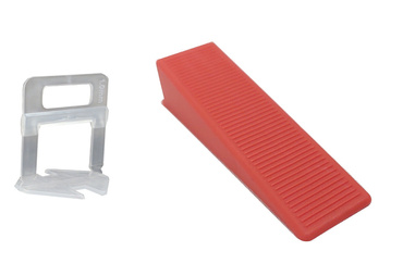 Zestaw system poziomowania płytek 030254NB  klipsy 1 mm 500 szt + system poziomowania płytek 030253NB kliny 100 szt zdjęcie nr 1